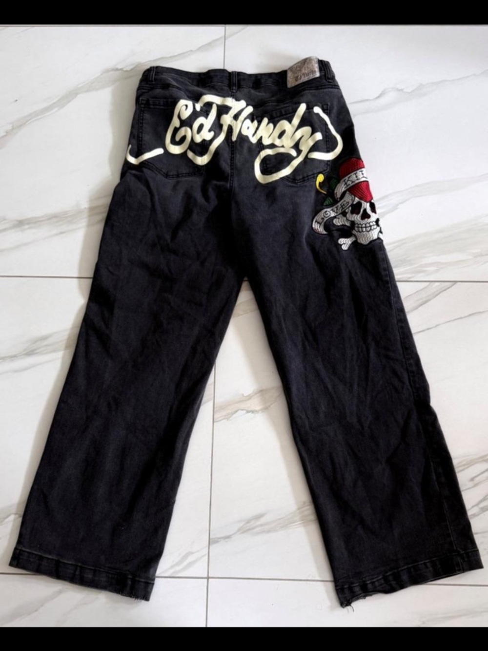Ed Hardy "Love Kills Slowly" Skull Embroidered Wide-Leg Grey Jeans |Y2K | 34×32"